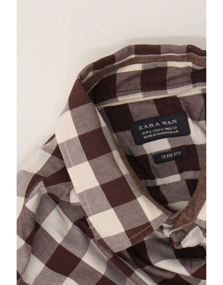 Zara Mens Slim Fit Shirt Large Brown Gingham