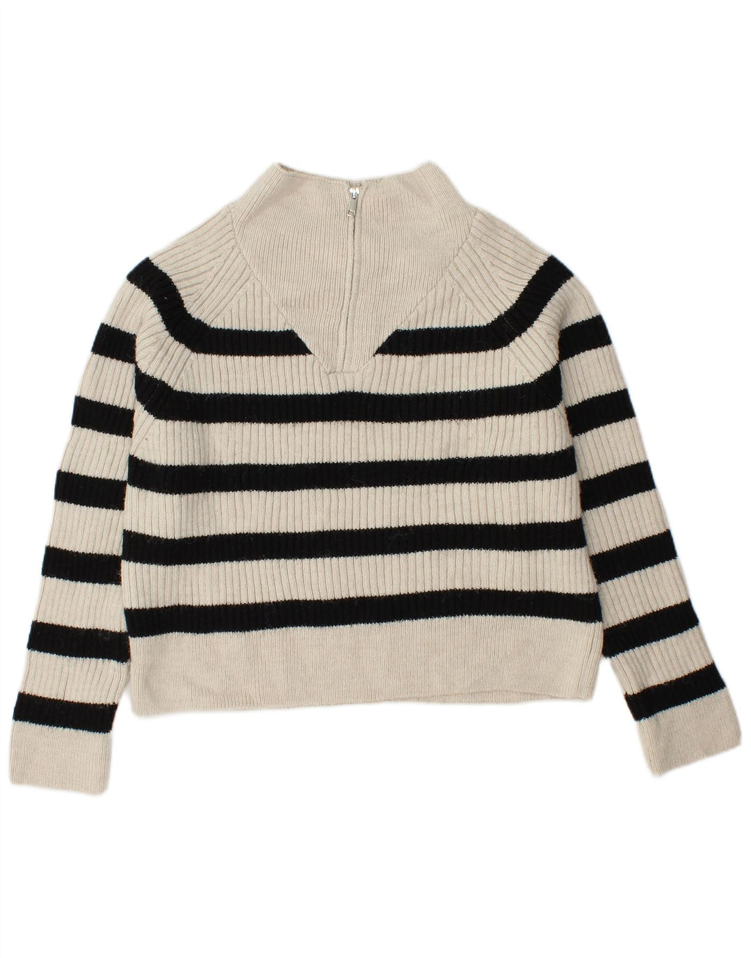 ZARA Womens Zip Neck Jumper Sweater UK 14 Medium White Striped Acrylic
