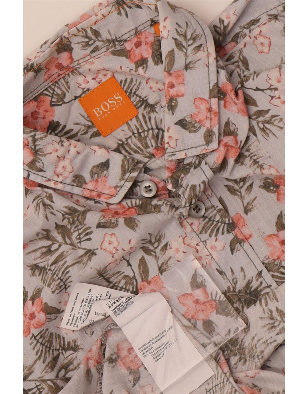 Hugo Boss Mens Short Sleeve Shirt Medium Blue Floral Cotton