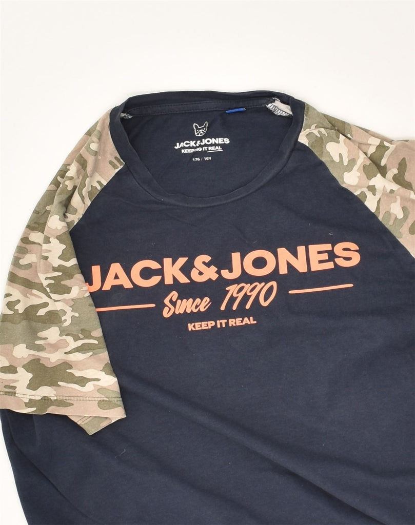 JACK & JONES Boys Graphic T-Shirt Top 15-16 Years Navy Blue Colourblock | Vintage Jack & Jones | Thrift | Second-Hand Jack & Jones | Used Clothing | Messina Hembry 