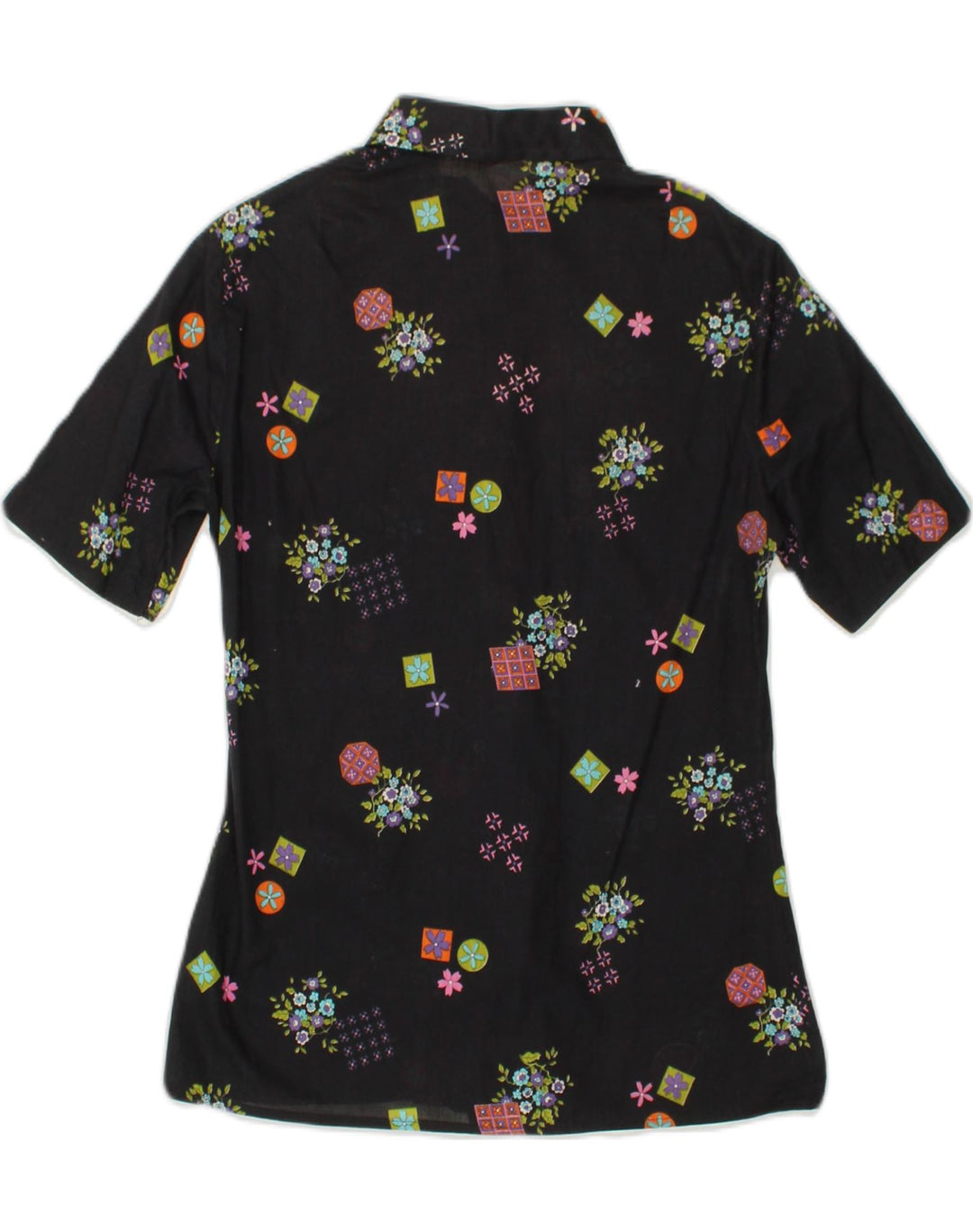 VINTAGE Womens Short Sleeve Shirt Blouse UK 12 Medium Black Geometric Vintage Vintage and Second-Hand Vintage from Messina Hembry 