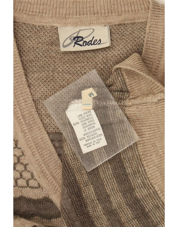Rodes Mens V-Neck Jumper Sweater Medium Beige Striped Wool