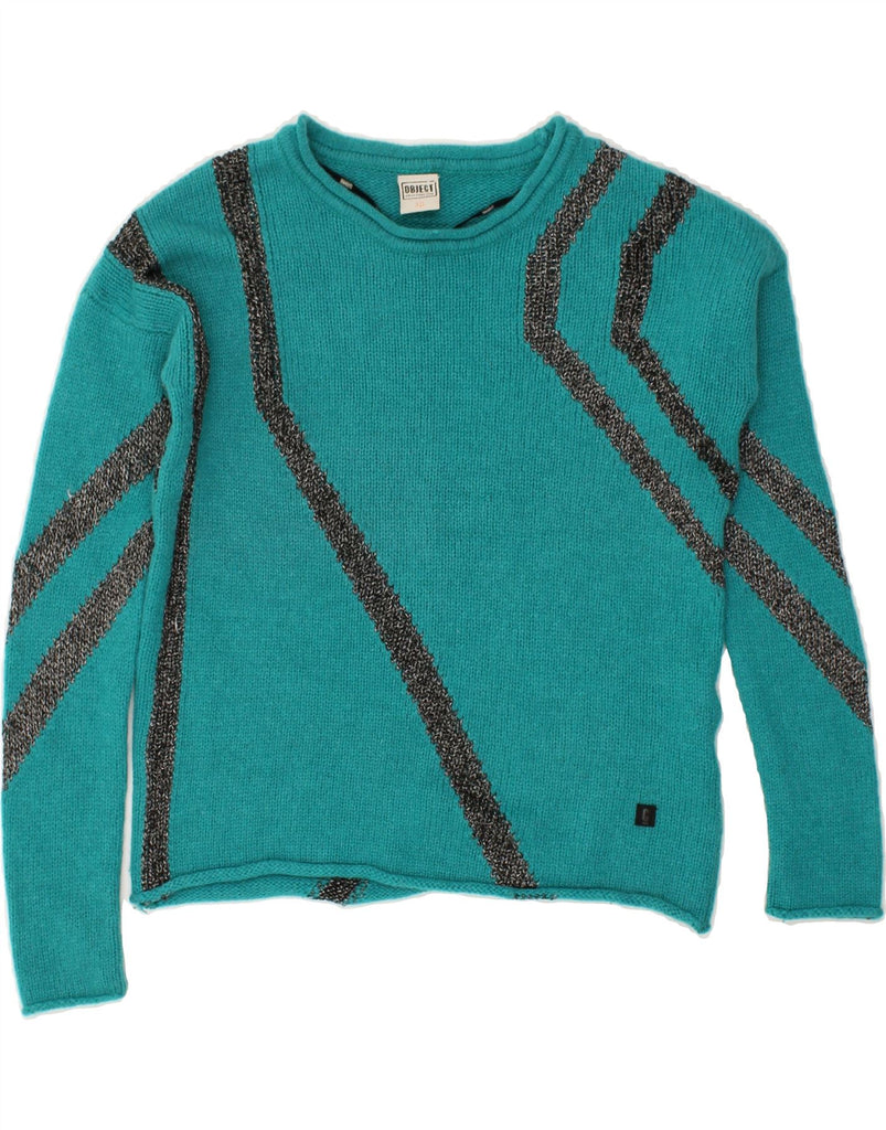 VINTAGE Womens Boat Neck Jumper Sweater UK 6 XS Turquoise Striped Wool | Vintage Vintage | Thrift | Second-Hand Vintage | Used Clothing | Messina Hembry 
