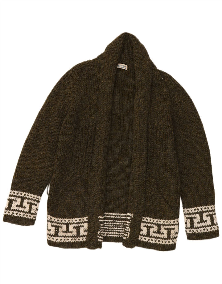 Vintage Womens Open Cardigan Sweater UK 14 Medium Khaki Geometric Wool