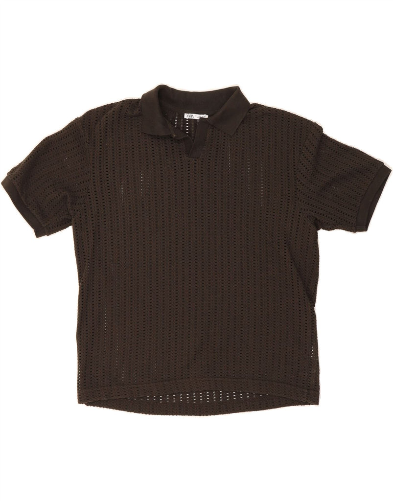 ZARA Mens Short Sleeve Polo Neck Jumper Sweater Small Brown Polyester Vintage Zara and Second-Hand Zara from Messina Hembry 