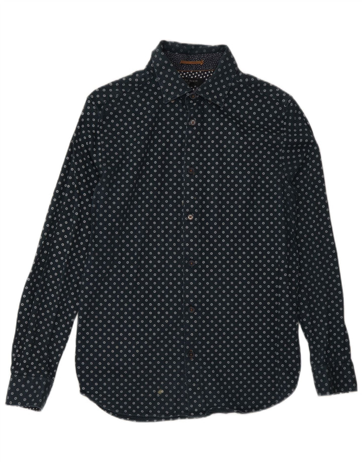 Ted Baker Mens Shirt Size 3 Medium Navy Blue Floral Cotton