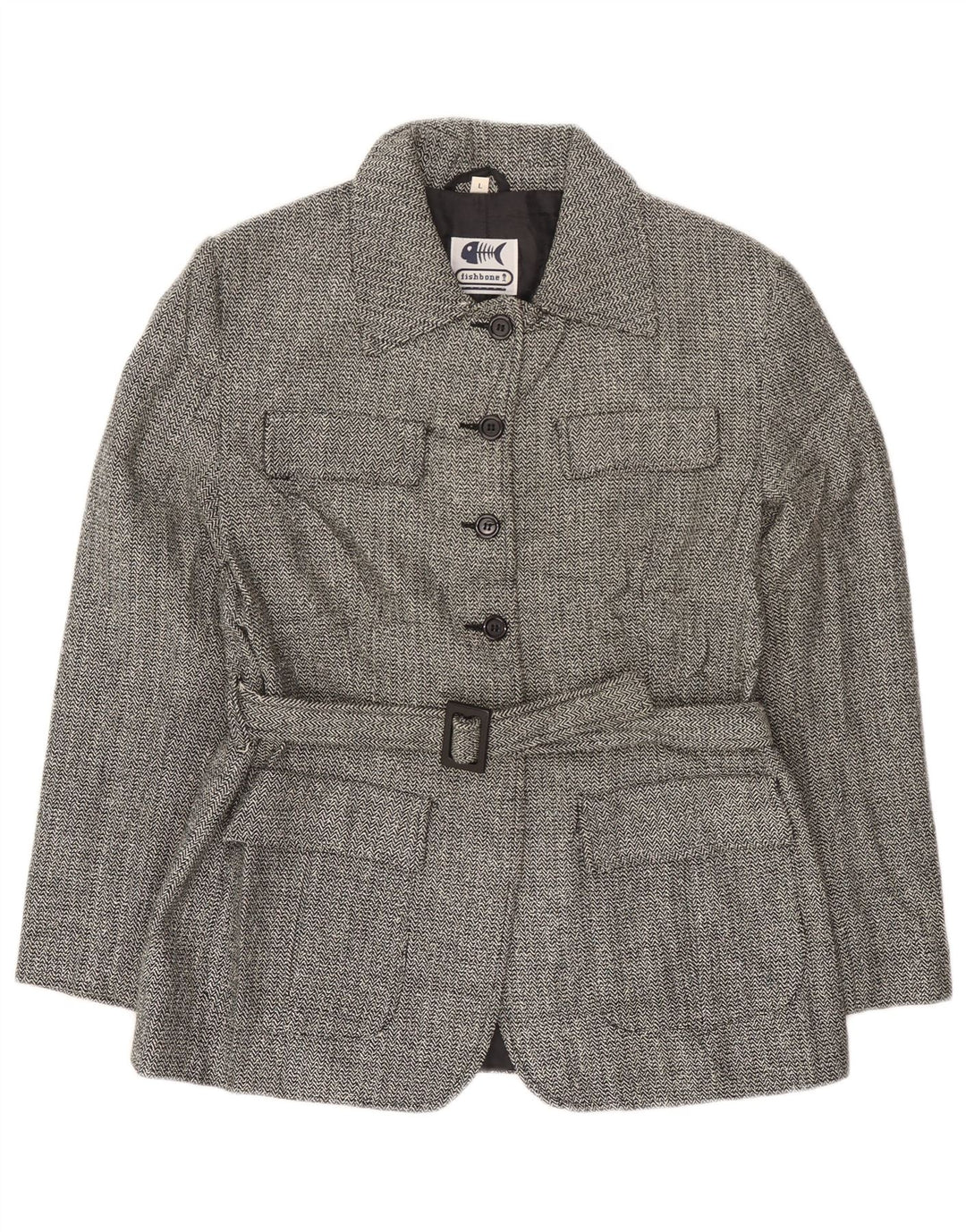 Fishbone Womens Overcoat UK 14 Large Black Herringbone Acrylic