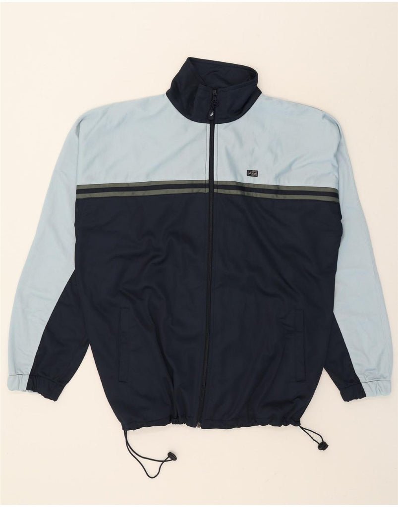 ASICS Mens Tracksuit Top Jacket Large Navy Blue Colourblock Polyester Vintage Asics and Second-Hand Asics from Messina Hembry 
