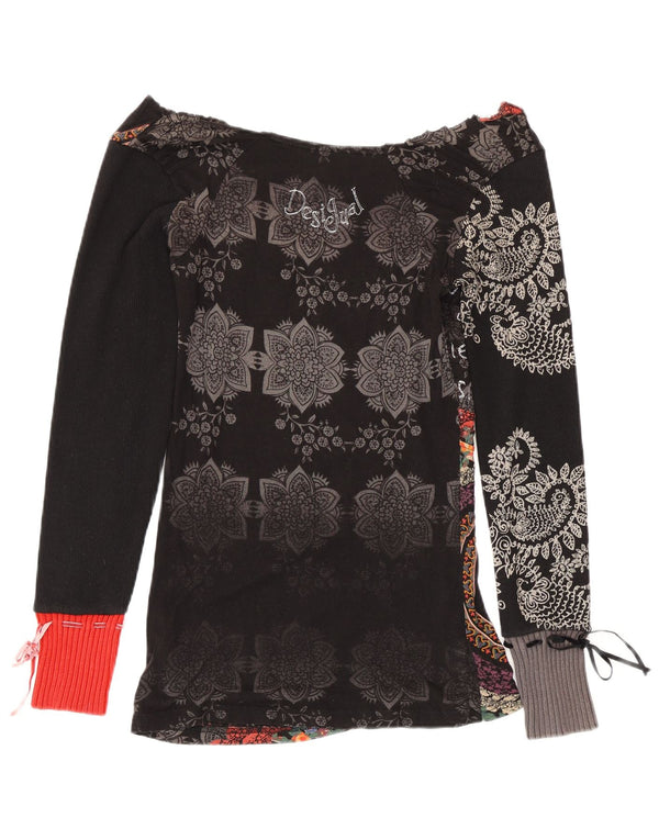 Desigual Womens Graphic Top Long Sleeve UK 8 Small Black Floral Cotton