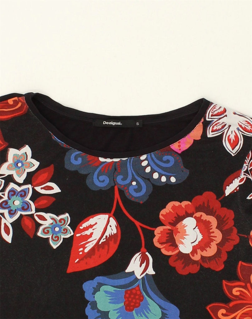 DESIGUAL Womens Asymmetric Tunic Top UK 10 Small Black Floral Cotton | Vintage Desigual | Thrift | Second-Hand Desigual | Used Clothing | Messina Hembry 