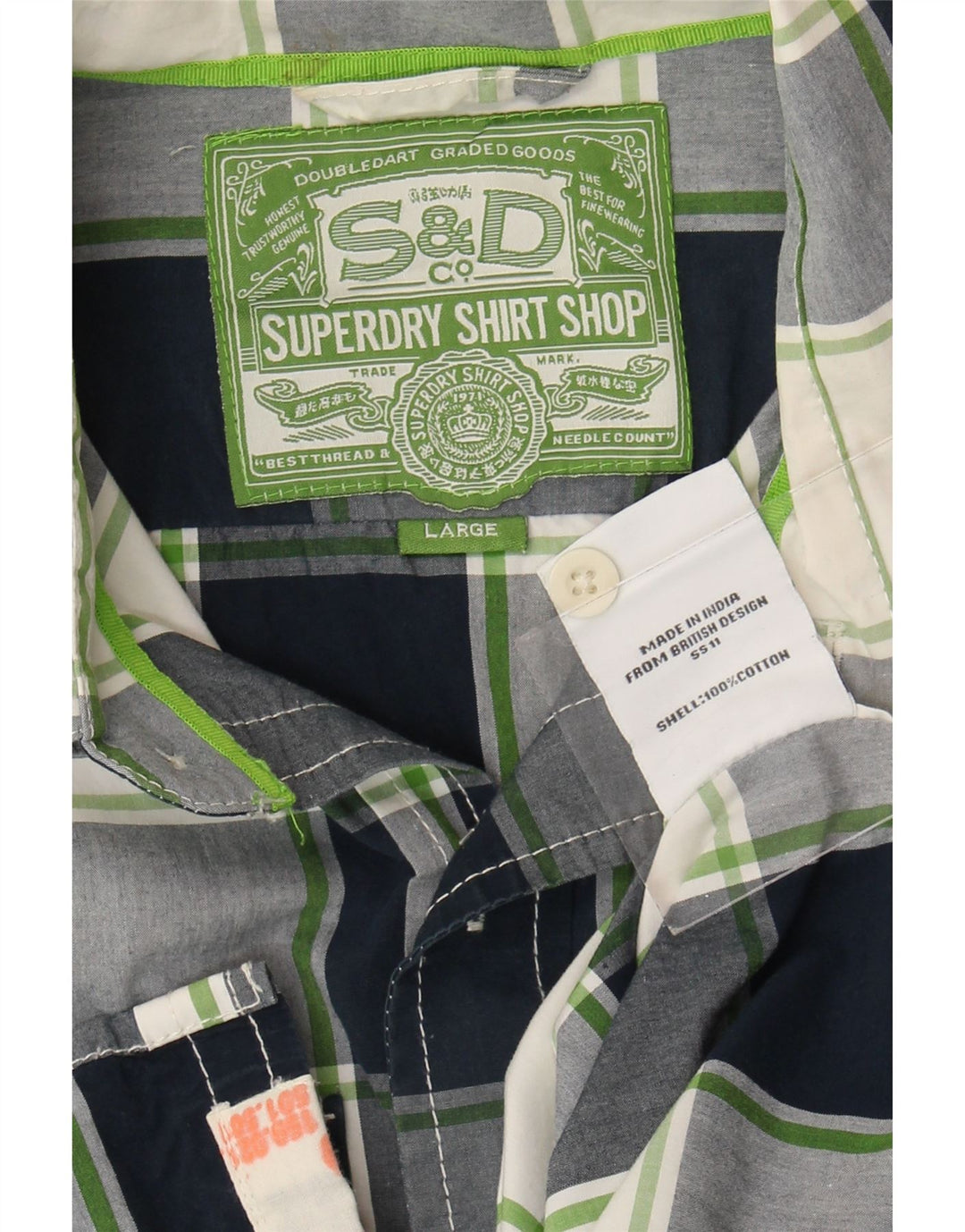 Superdry Mens Short Sleeve Shirt Large Navy Blue Check Cotton