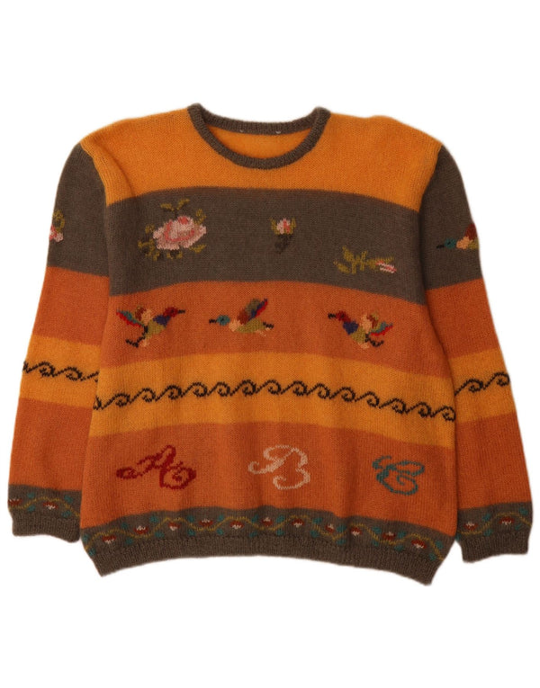 Vintage Womens Crew Neck Jumper Sweater UK 18 XL Orange Colourblock Novelty