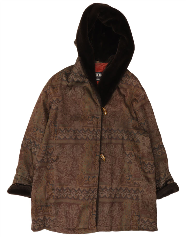 Incom Womens Hooded Oversized Duffle Coat EU 46 XL Brown Floral