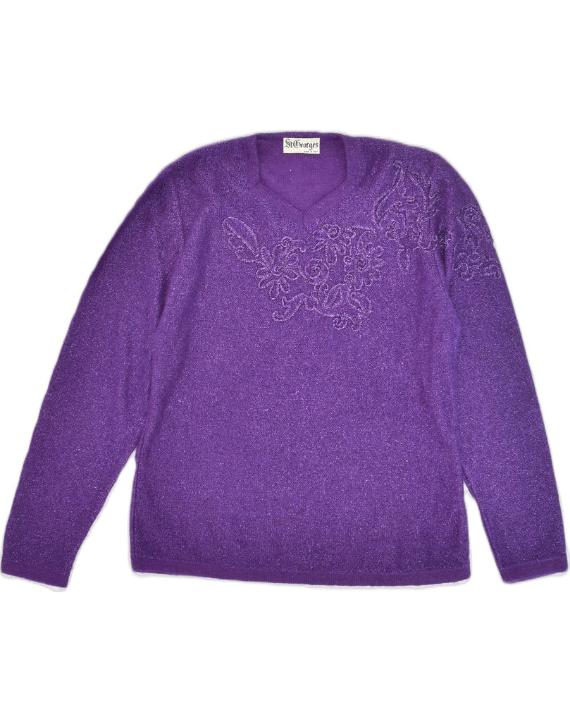 ST. GEORGES Womens V-Neck Jumper Sweater UK 12 Medium Purple Wool | Vintage St. Georges | Thrift | Second-Hand St. Georges | Used Clothing | Messina Hembry 