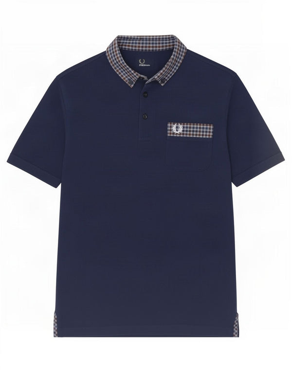 Fred Perry Boys Polo Shirt 15-16 Years Large Navy Blue Gingham Cotton