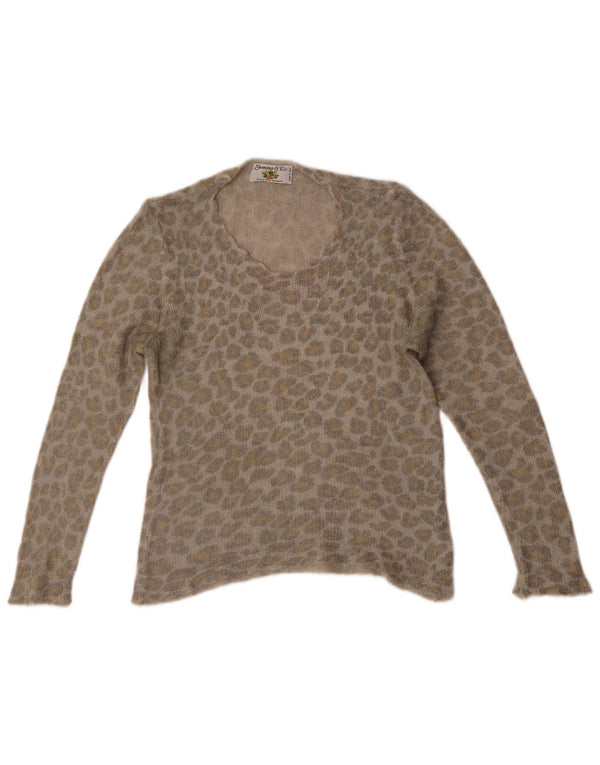 Vintage Womens Boat Neck Jumper Sweater UK 10 Small Grey Animal Print