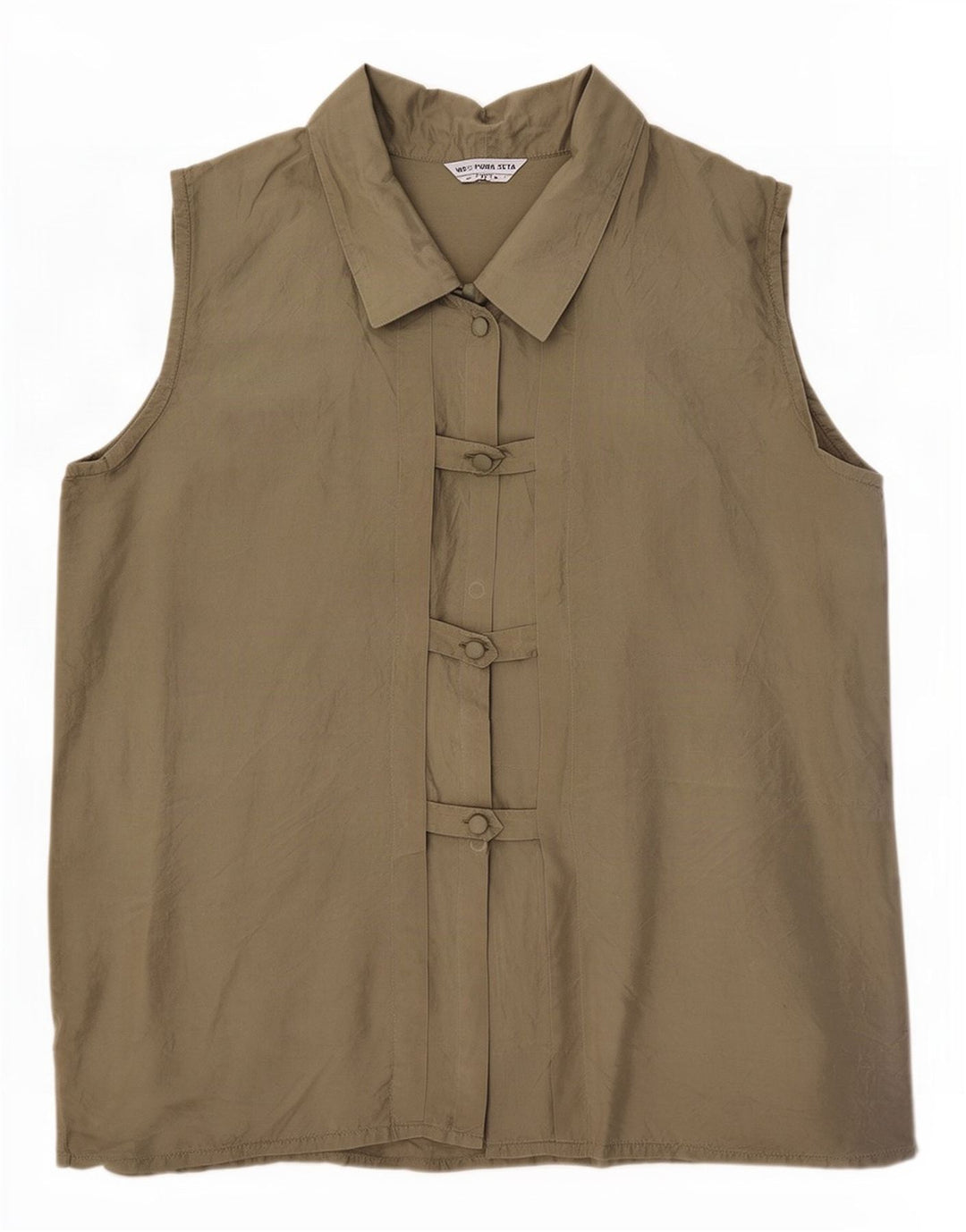 Vintage Womens Sleeveless Shirt Blouse UK 14 Medium Khaki Silk