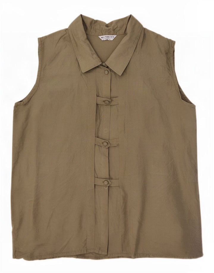 Vintage Womens Sleeveless Shirt Blouse UK 14 Medium Khaki Silk