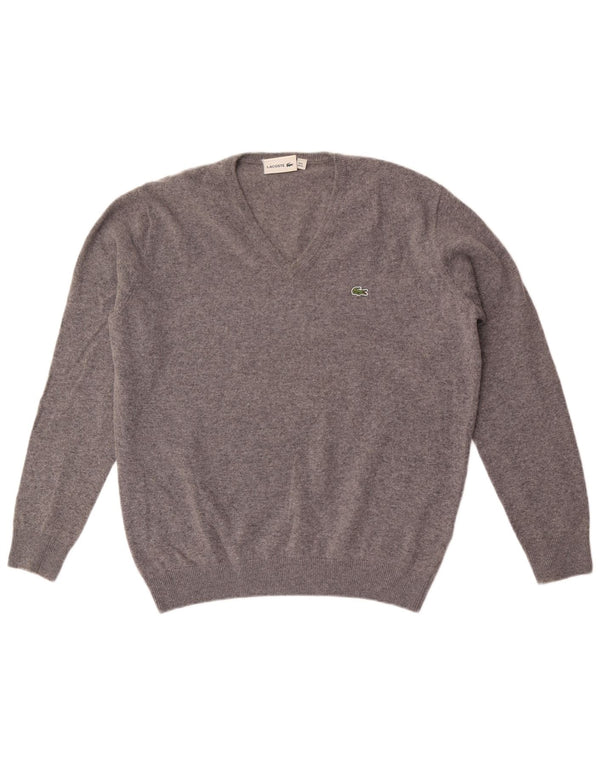 Lacoste Mens V-Neck Jumper Sweater Size 6 XL Grey Flecked Wool