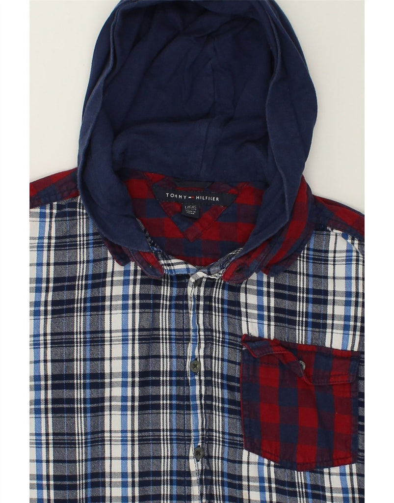 TOMMY HILFIGER Boys Hooded Flannel Shirt 12-13 Years Large Navy Blue Check | Vintage Tommy Hilfiger | Thrift | Second-Hand Tommy Hilfiger | Used Clothing | Messina Hembry 