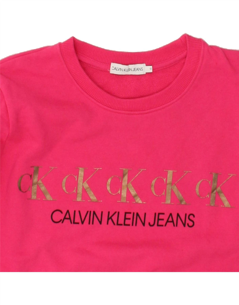 CALVIN KLEIN JEANS Girls Graphic Sweatshirt Jumper 11-12 Years Pink Cotton | Vintage Calvin Klein Jeans | Thrift | Second-Hand Calvin Klein Jeans | Used Clothing | Messina Hembry 