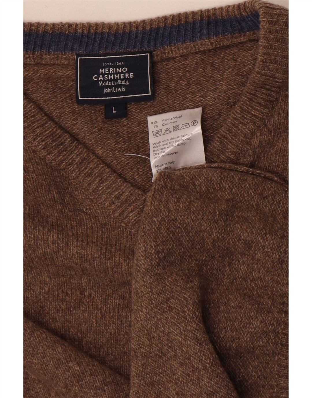 John Lewis Mens V-Neck Jumper Sweater Large Brown Merino Wool