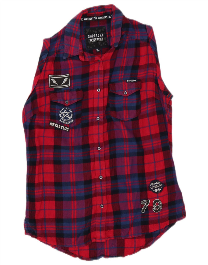 Superdry Womens Oversized Sleeveless Graphic Shirt UK 2 2XS Red Check