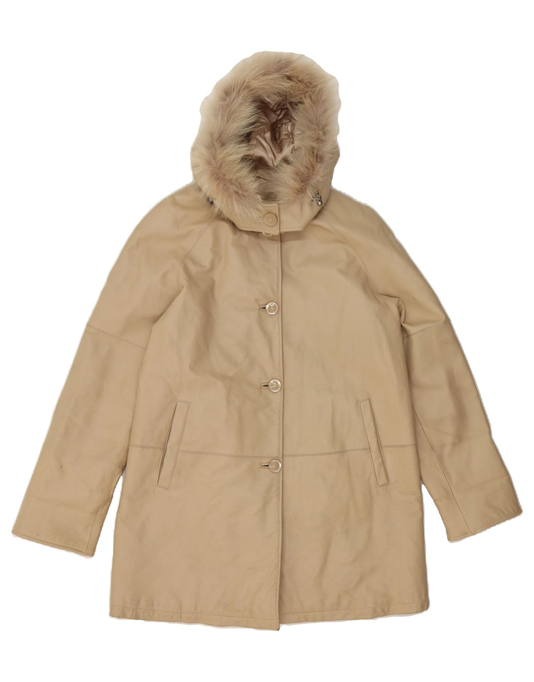 VINTAGE Womens Hooded Leather Coat EU 44 XL Beige Leather Vintage Vintage and Second-Hand Vintage from Messina Hembry 
