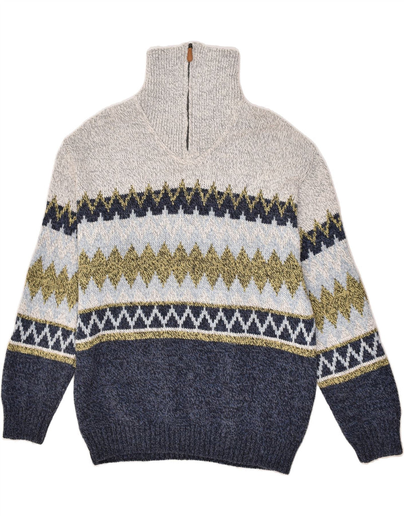 BIAGGINI Mens Zip Neck Jumper Sweater XL Blue Fair Isle Acrylic | Vintage Biaggini | Thrift | Second-Hand Biaggini | Used Clothing | Messina Hembry 