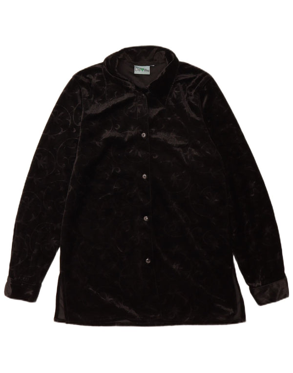 Vintage Womens Velour Shirt Blouse UK 12 Medium Black Paisley Polyester