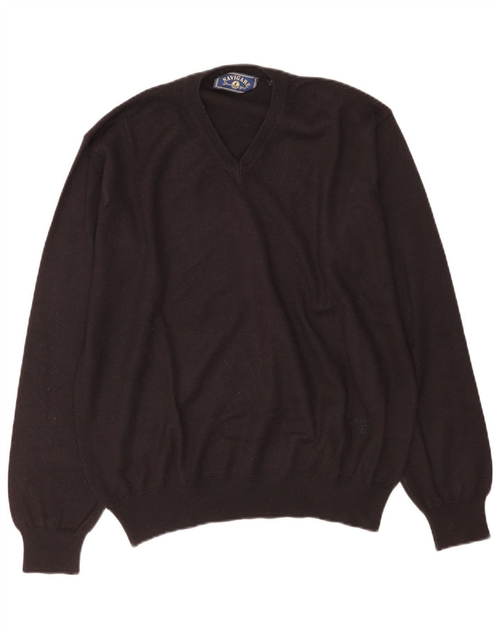 Navigare Mens V-Neck Jumper Sweater Large Black Wool