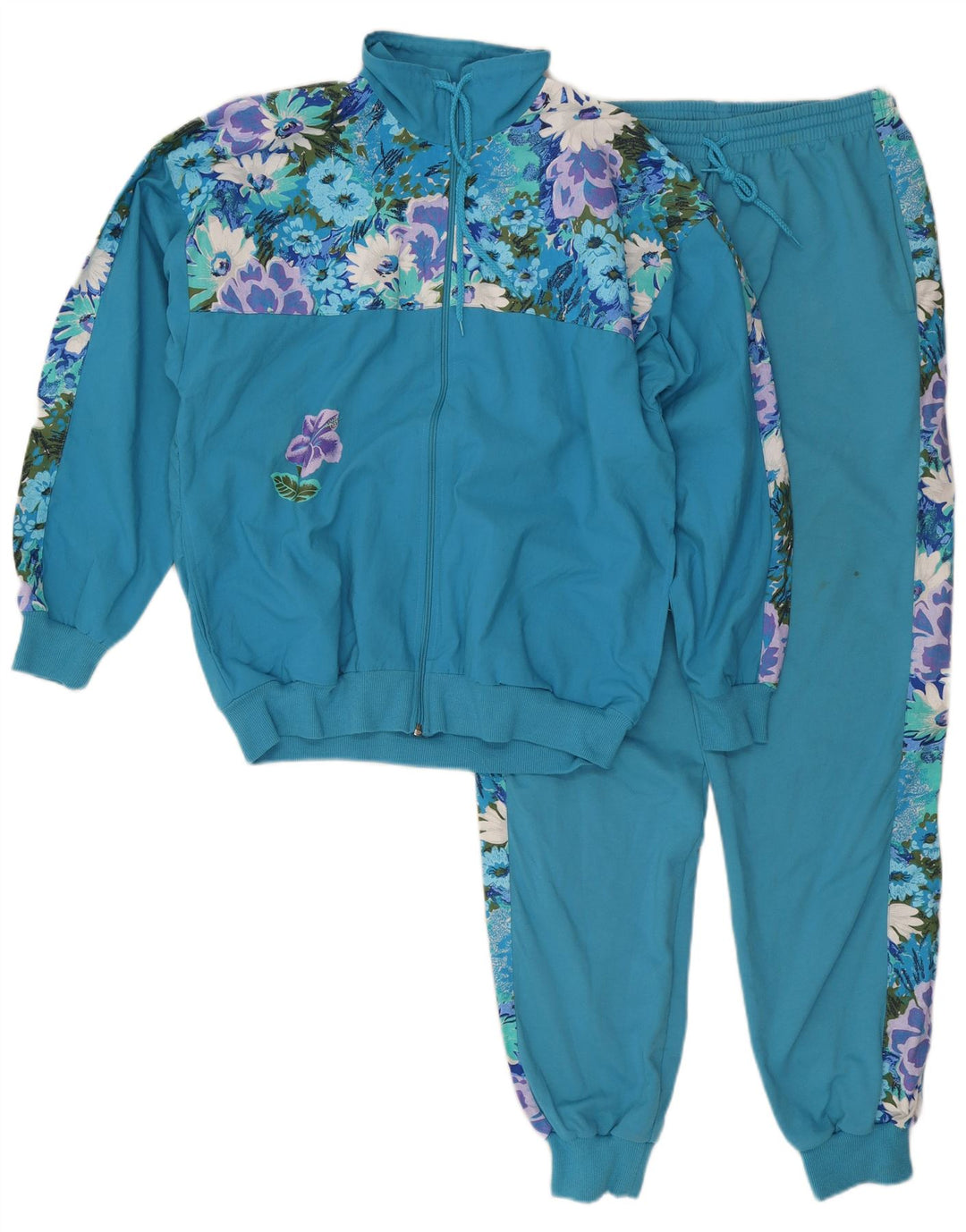 VINTAGE Womens Full Tracksuit UK 14/16 Large  Blue Floral Polyester