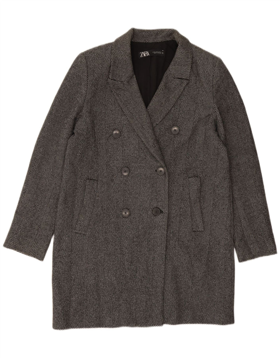 ZARA Womens Double Breasted Coat UK 14 Medium Grey Herringbone Cotton Vintage Zara and Second-Hand Zara from Messina Hembry 