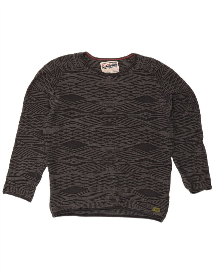 Jack & Jones Mens Crew Neck Jumper Sweater Small Grey Argyle/Diamond Cotton
