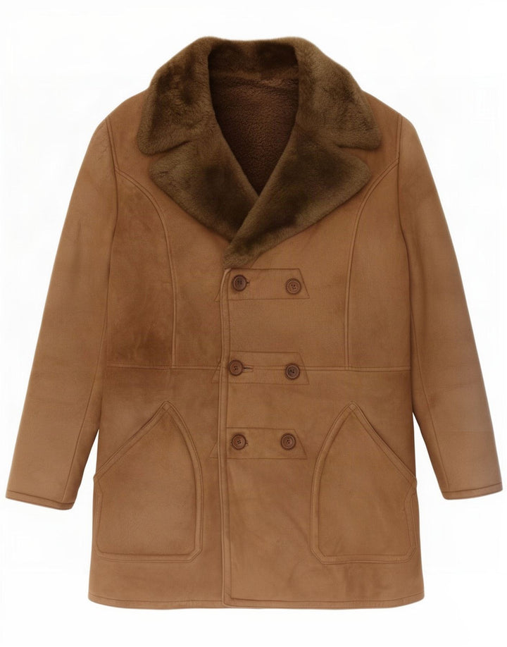 Vintage Mens Shearling Double Breasted Coat UK 40 Large Brown