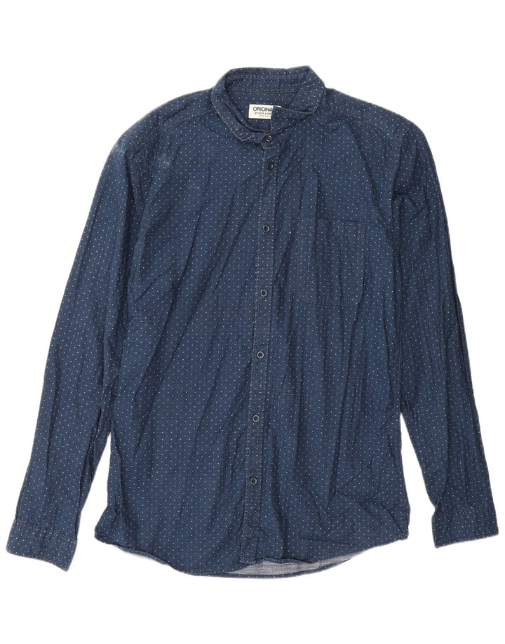 JACK & JONES Mens Shirt Large Navy Blue Spotted Cotton