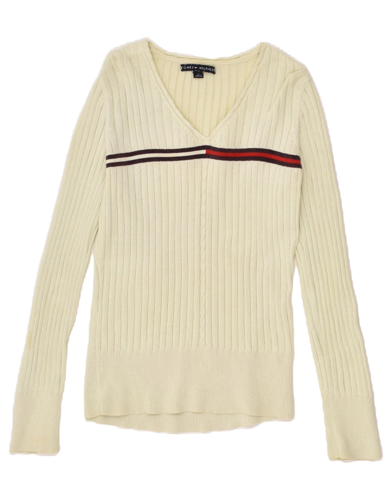 TOMMY HILFIGER Womens V-Neck Jumper Sweater UK 12 Medium Off White | Vintage Tommy Hilfiger | Thrift | Second-Hand Tommy Hilfiger | Used Clothing | Messina Hembry 