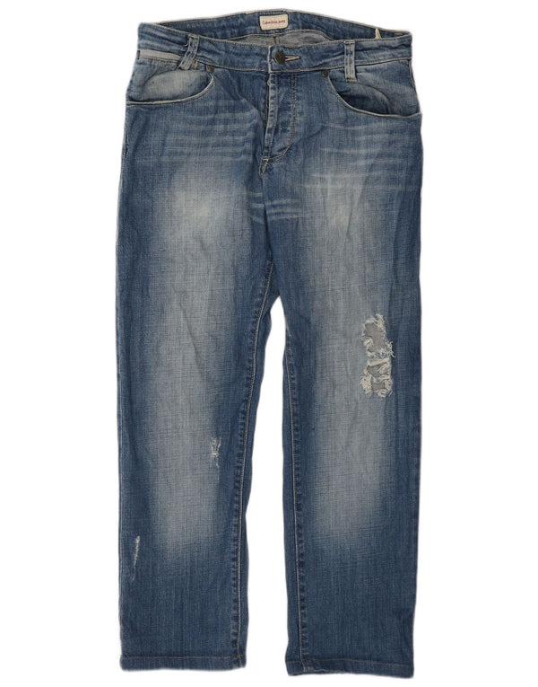 Calvin Klein Mens Distressed Straight Jeans W32 L28 Blue Cotton