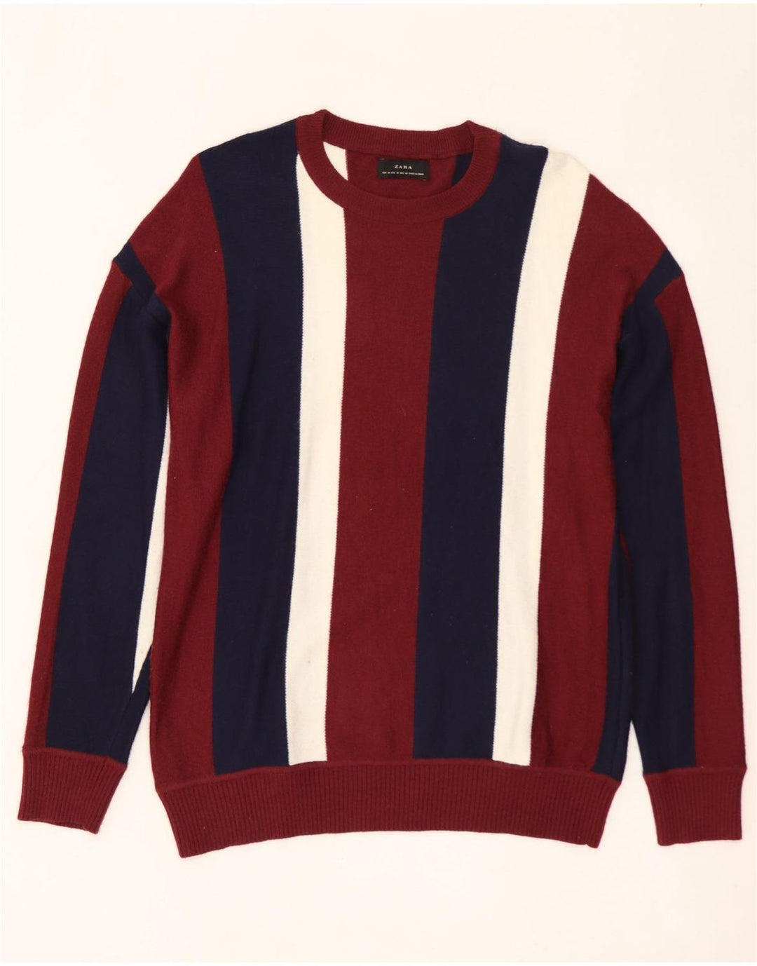 ZARA Mens Crew Neck Jumper Sweater Medium Burgundy Striped Nylon