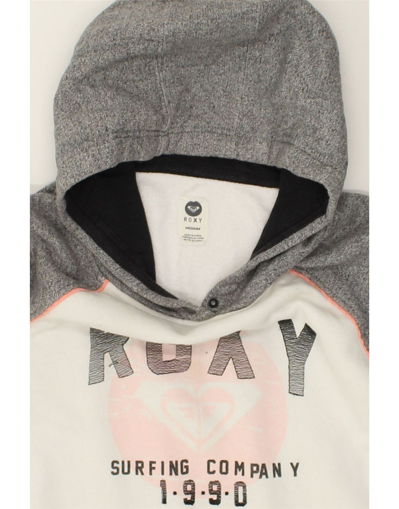 ROXY Womens Graphic Hoodie Jumper UK 14 Medium Grey Colourblock Cotton | Vintage Roxy | Thrift | Second-Hand Roxy | Used Clothing | Messina Hembry 