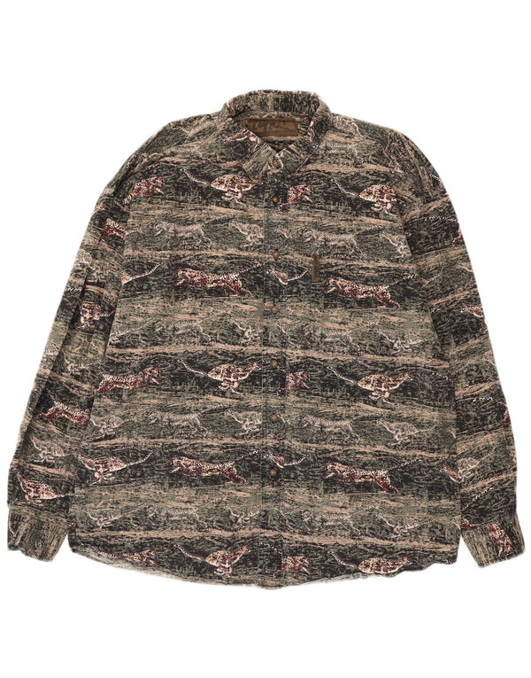 VINTAGE Mens Flannel Shirt Large Green Animal Print Cotton