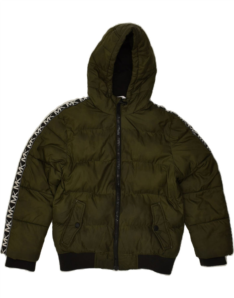 MICHAEL KORS Boys Graphic Hooded Padded Jacket 10-11 Years Khaki Polyester | Vintage Michael Kors | Thrift | Second-Hand Michael Kors | Used Clothing | Messina Hembry 