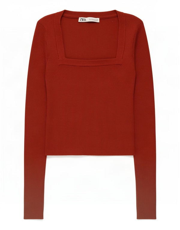 Zara Womens Crop Top Long Sleeve UK 8 Small Burgundy Viscose