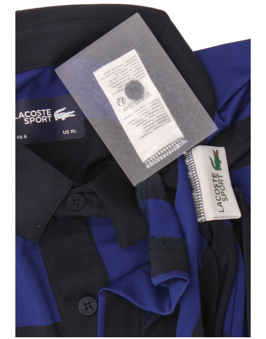LACOSTE Mens Polo Shirt Size 6 XL Navy Blue Striped Polyester