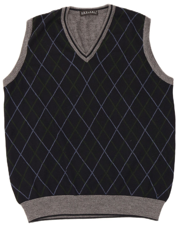 Arslanli Mens Vest Tank Top Large Navy Blue Argyle/Diamond Wool