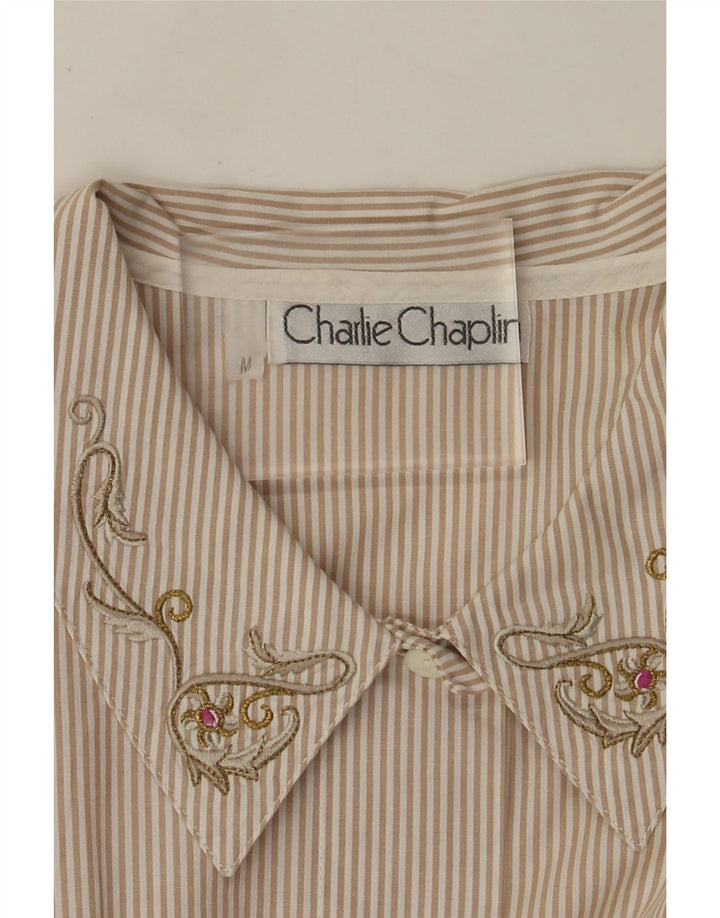 Vintage Womens Shirt UK 14 Medium Beige Pinstripe Cotton