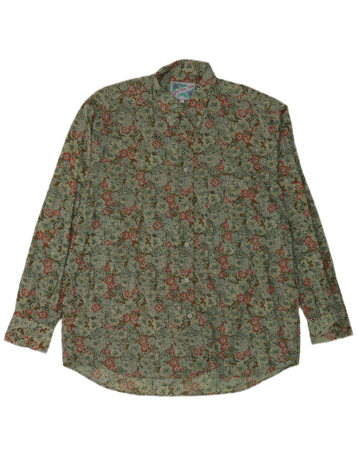 Vintage Mens Shirt Large Green Floral Cotton