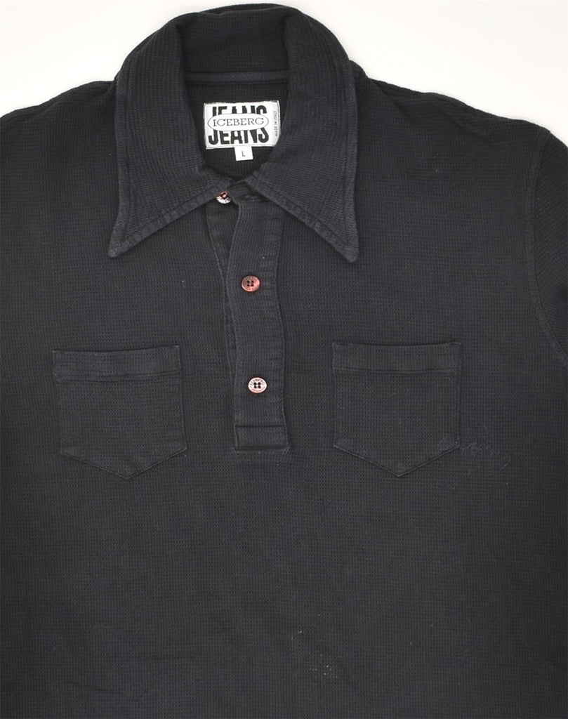 ICEBERG Womens Polo Shirt UK 14 Large Black Cotton | Vintage Iceberg | Thrift | Second-Hand Iceberg | Used Clothing | Messina Hembry 