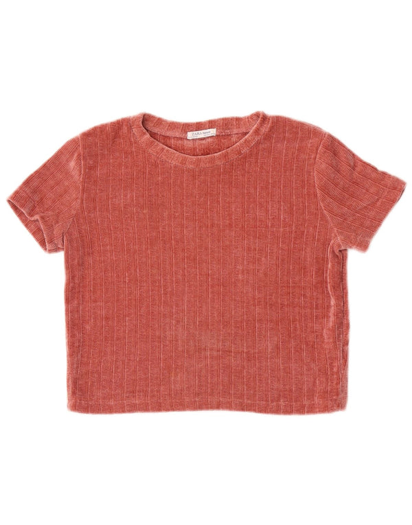 Zara Womens Trafaluc Crop Velour T-Shirt Top UK 12 Medium Red Polyester