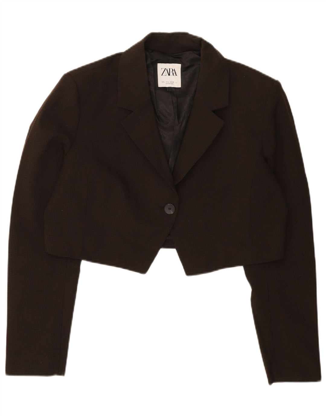 Zara Womens Crop 1 Button Blazer Jacket UK 16 Large Brown Check Polyester